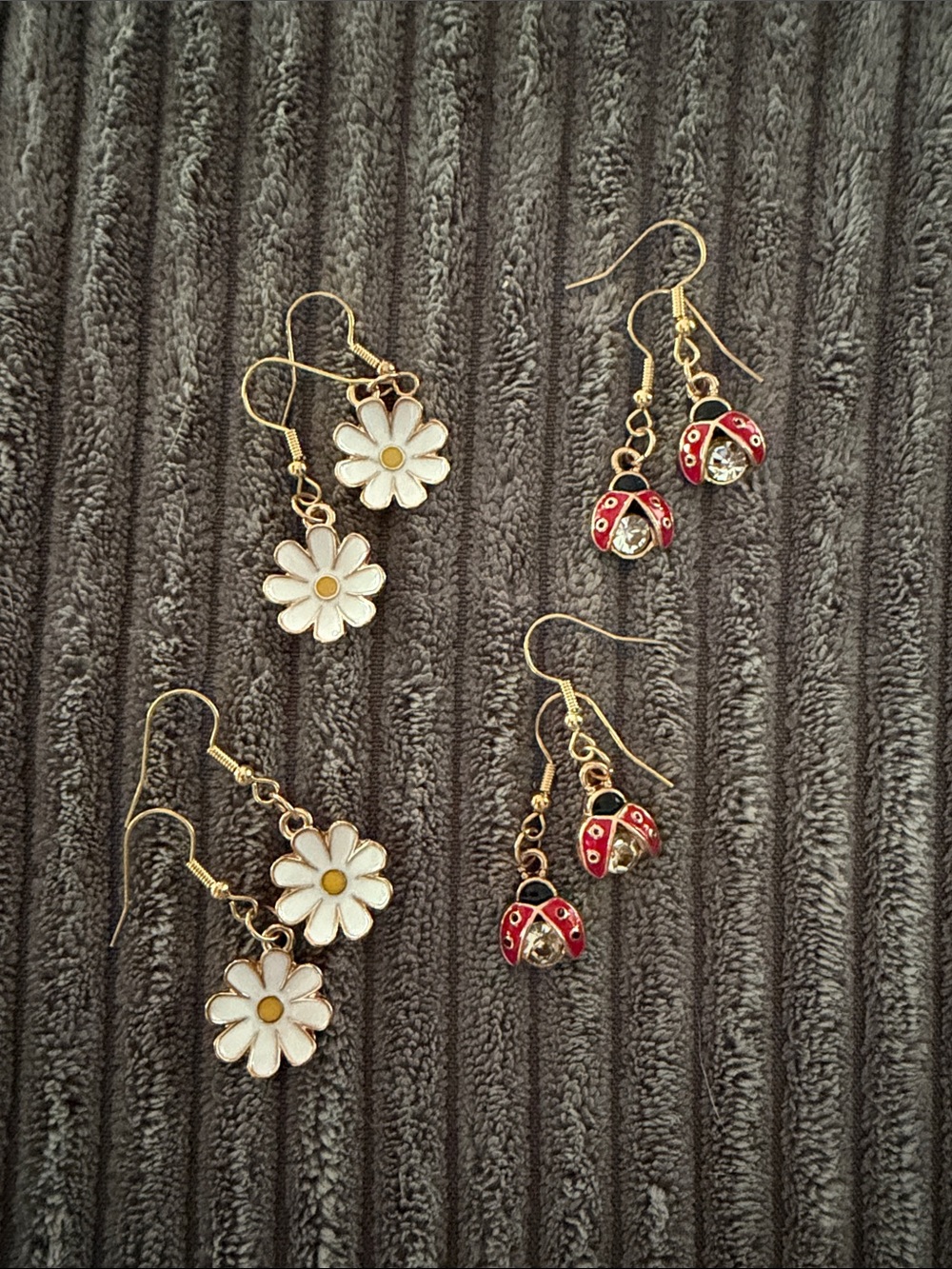 Gold-Tone Daisy and Ladybug Drop Earrings - White Daisy, Red Ladybug
